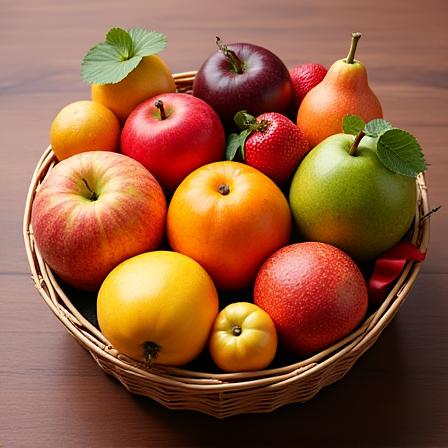 A beautifully arranged seasonal fruit gift basket.