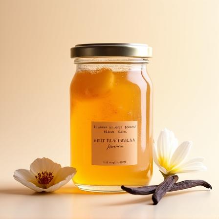 Jar of artisanal white peach and vanilla jam.
